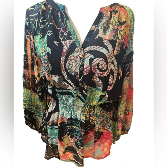 Calvin Klein Semi-Sheer Lined Elastic Waist V-Neck 3/4 Sleeve Blouse Medium - Picture 1 of 4